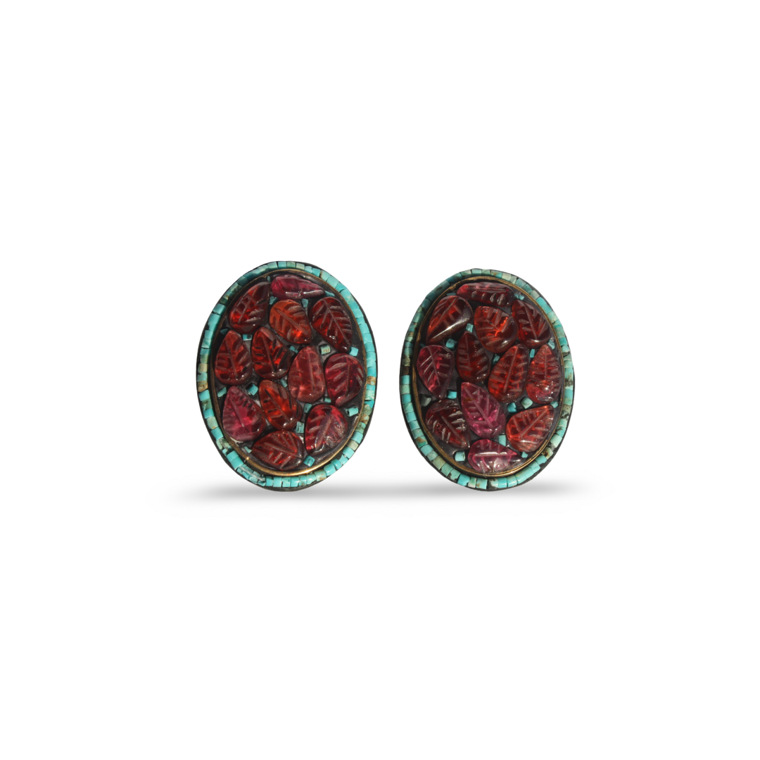 Pergamon Altın Kaplama Detaylı Garnet & Turkuaz Küpe 30x23mm
