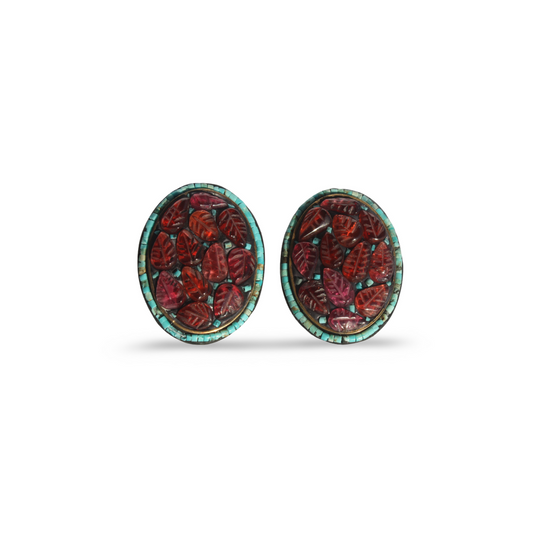 Pergamon Altın Kaplama Detaylı Garnet & Turkuaz Küpe 30x23mm