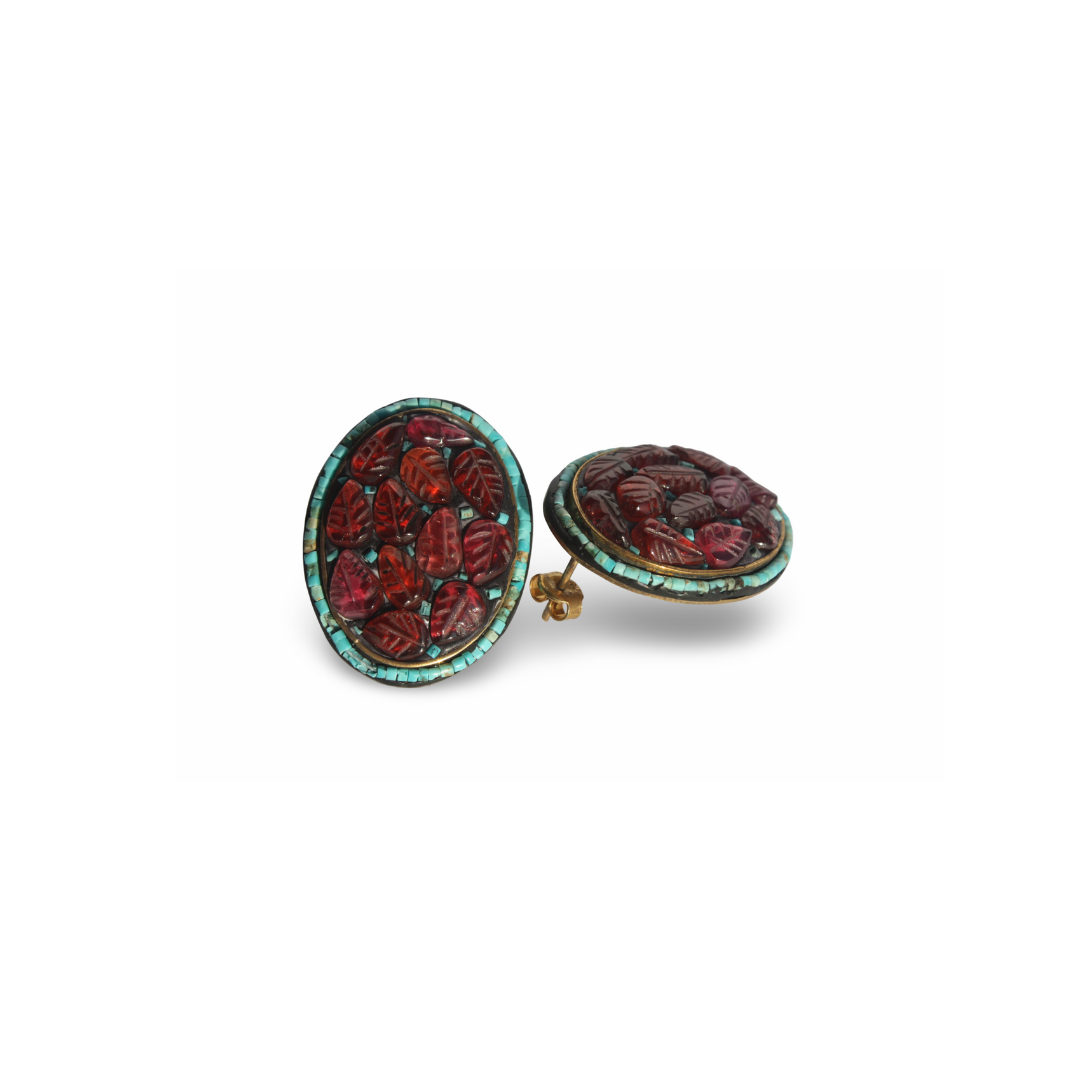 Pergamon Altın Kaplama Detaylı Garnet & Turkuaz Küpe 30x23mm